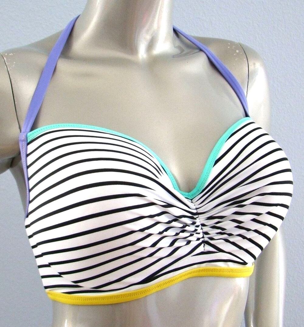 Victoria's Secret Black Happy Stripe The Getaway Halter Strappy Bikini Top 32D